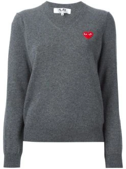 Comme Des Garçons Play 051 GREY Pull à Col V Et Patch Logo Femme
