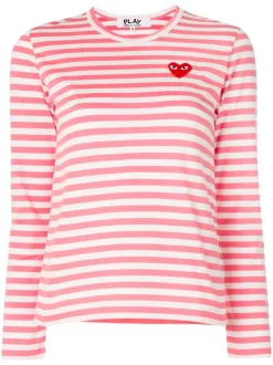 Comme Des Garçons Play T-shirt Rayé à Manches Longues Et Patch Logo PINK