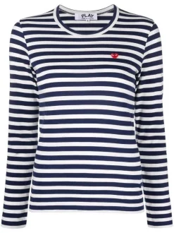 Comme Des Garçons Play NAVY T-shirt Rayé à Logo Brodé Femme