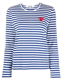 ( Nouvelle Collection ) Comme Des Garçons Play 2 BLUE T-shirt Rayé à Patch Cœur Femme